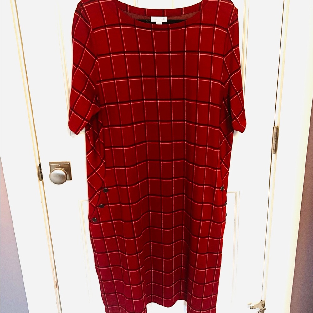 J.JILL RED WINDOWPANE PONTE KNIT SHIFT DRESS WITH POCKETS